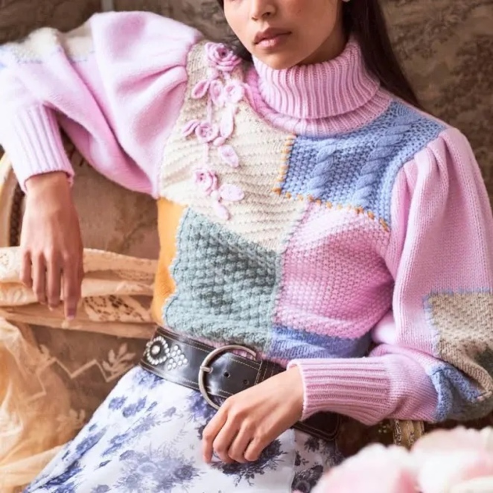 Love Shack Fancy Allan Appliquéd Patchwork Knitted Turtleneck Sweater Medium